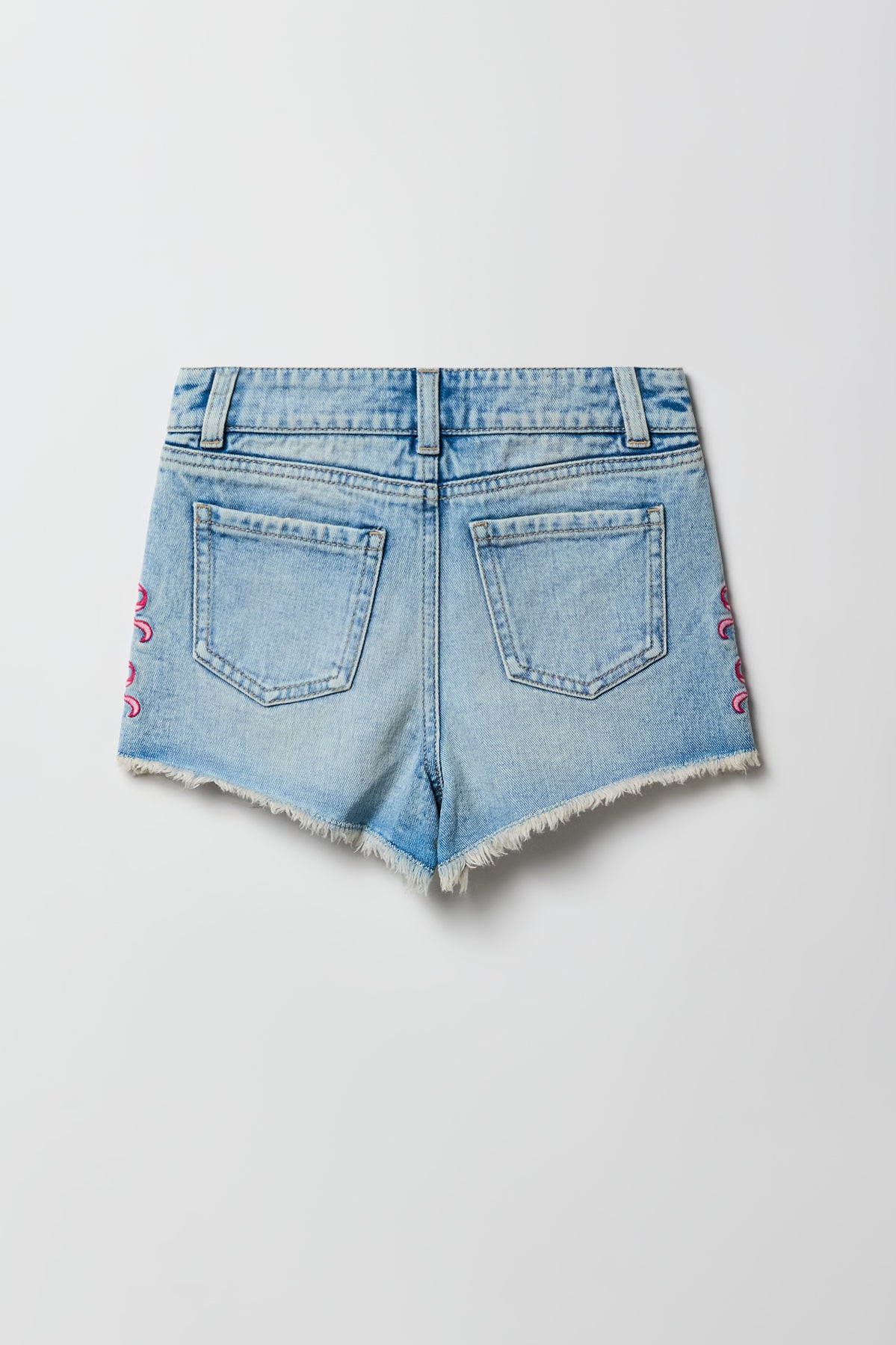 Alt View 2. Girls Embroidered High Rise Denim Beach Short - Light Denim Blue
