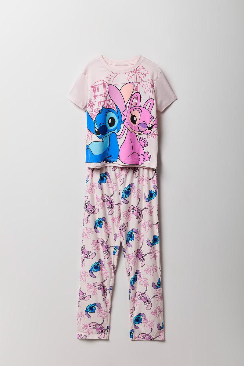 Ensemble pyjama avec t-shirt à imprimé Stitch & Angel et pantalon en peluche pour fille