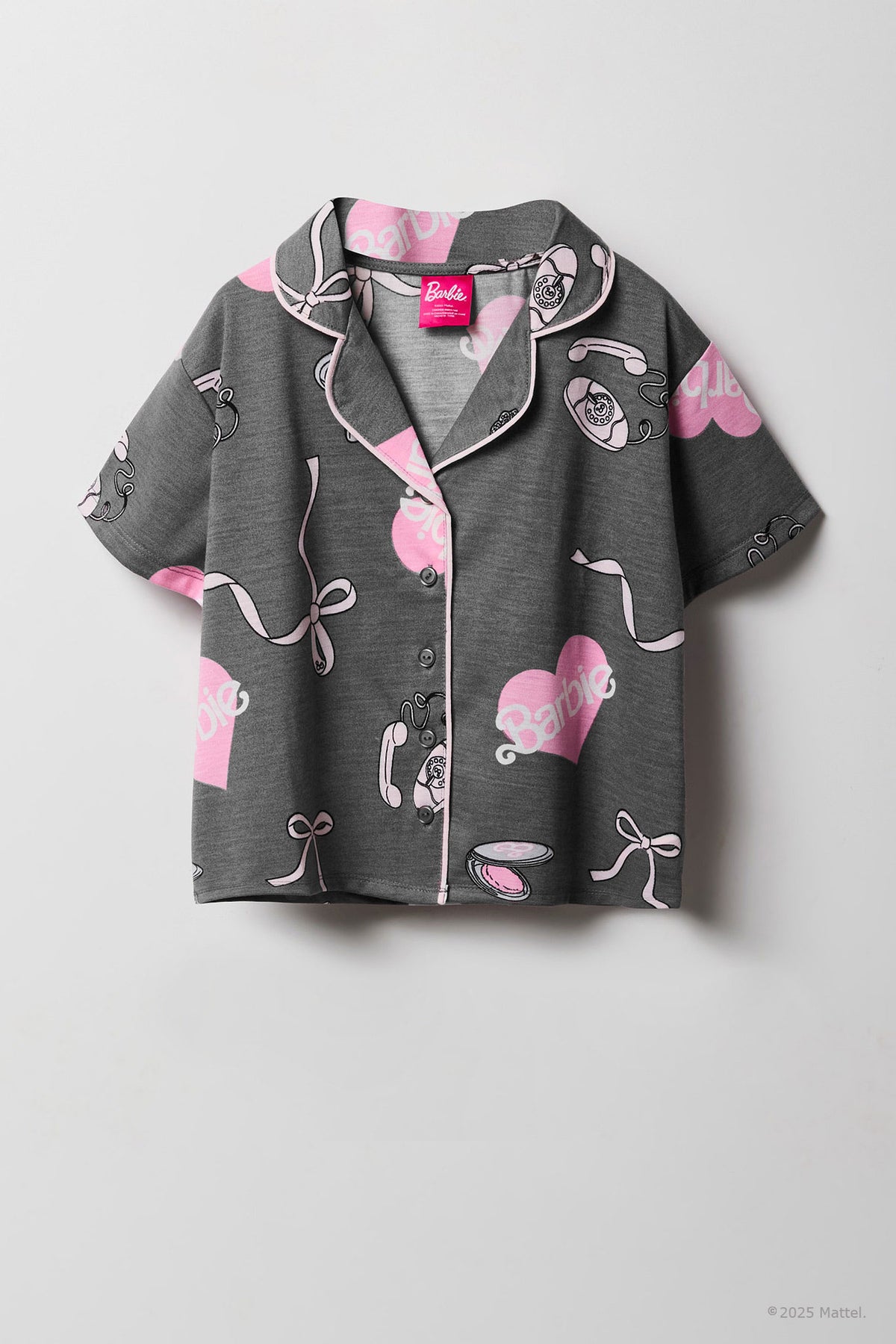 Alt View 2. Barbie™ Girls Printed Button-Up Top & Short Pajama Set - Dark Grey
