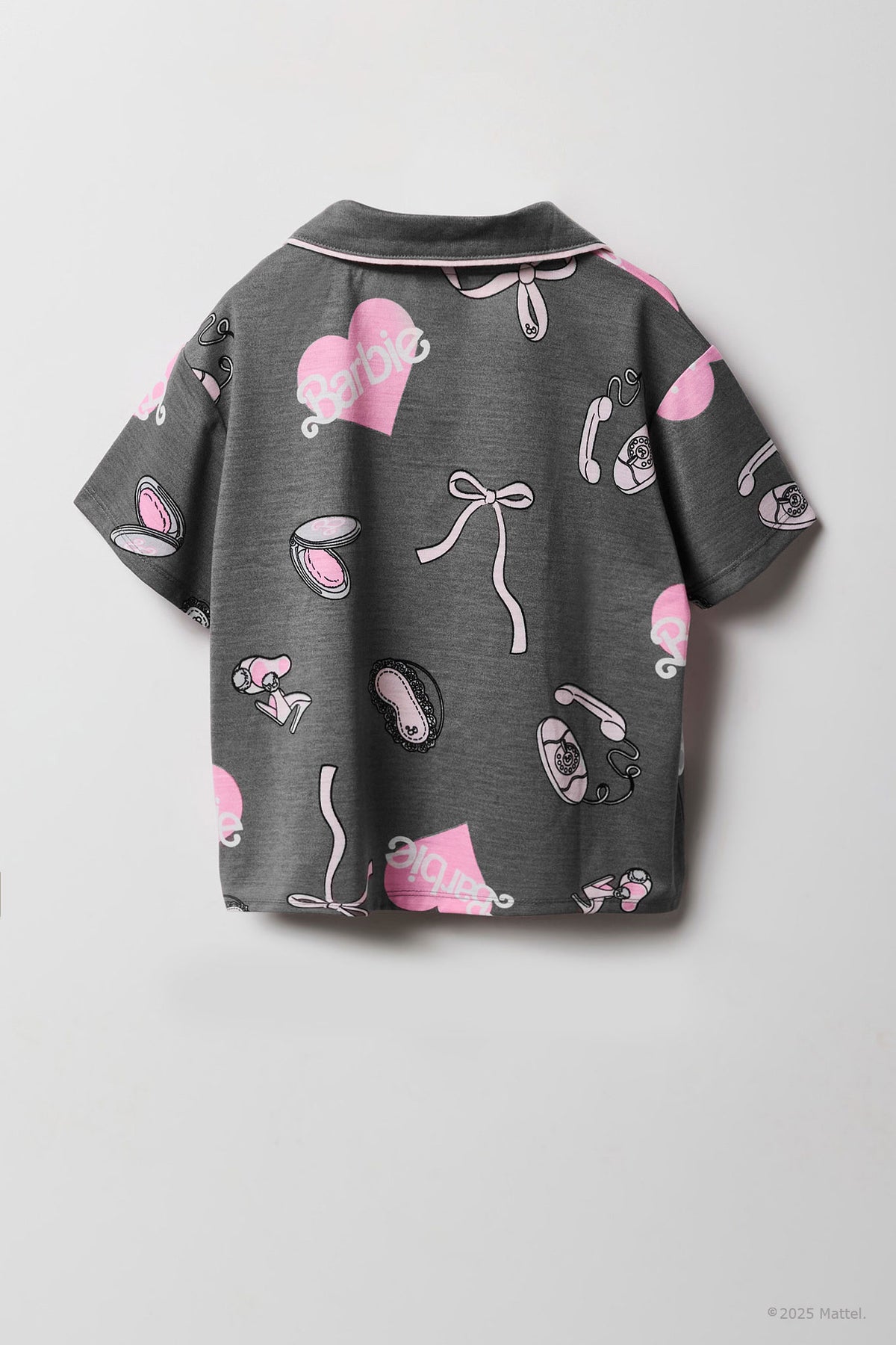Alt View 3. Barbie™ Girls Printed Button-Up Top & Short Pajama Set - Dark Grey