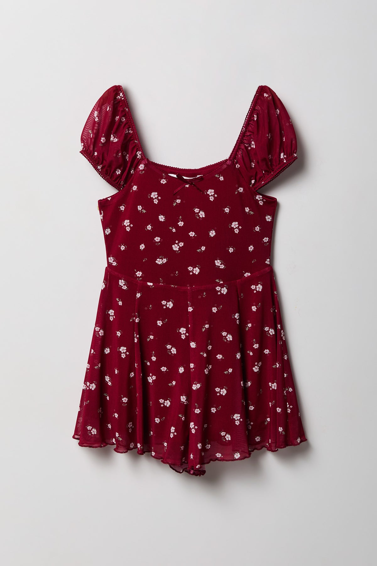 Girls Printed Mesh Dress Romper - Dark Red