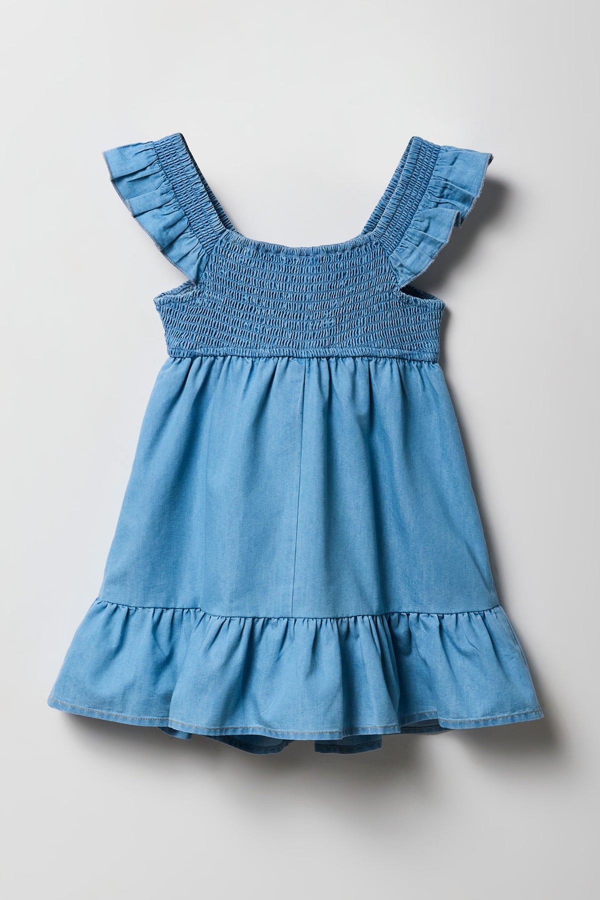 Alt View 2. Girls Chambray Flutter Sleeve Romper Dress - Light Denim Blue