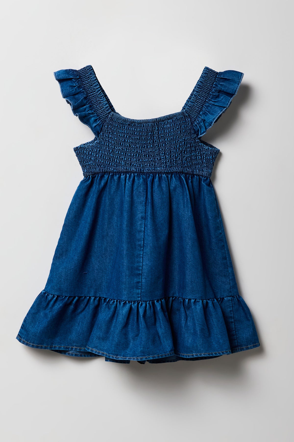 Alt View 2. Girls Chambray Flutter Sleeve Romper Dress - Medium Blue