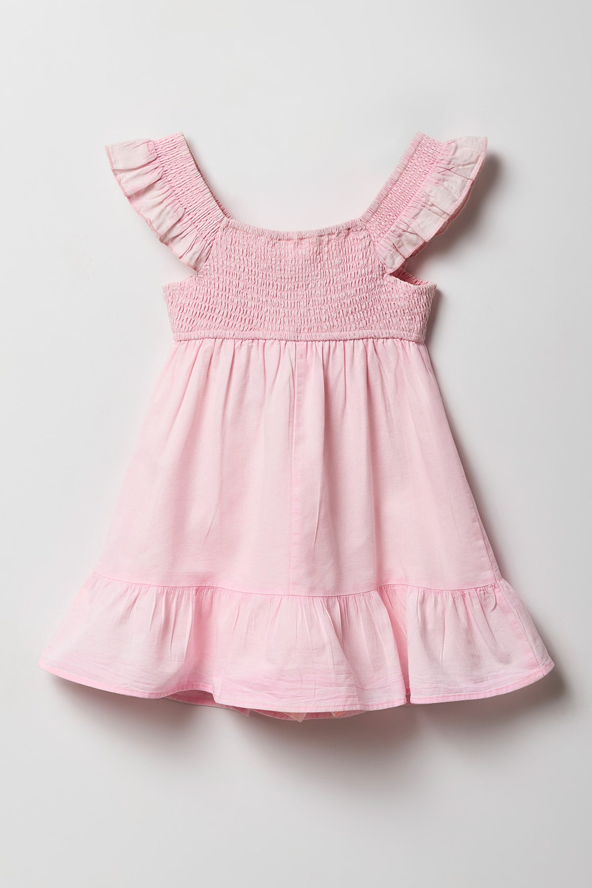 Alt View 2. Girls Chambray Flutter Sleeve Romper Dress - Pink