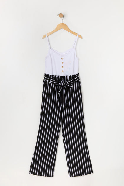 Girls Pinstriped Belted Jumpsuit