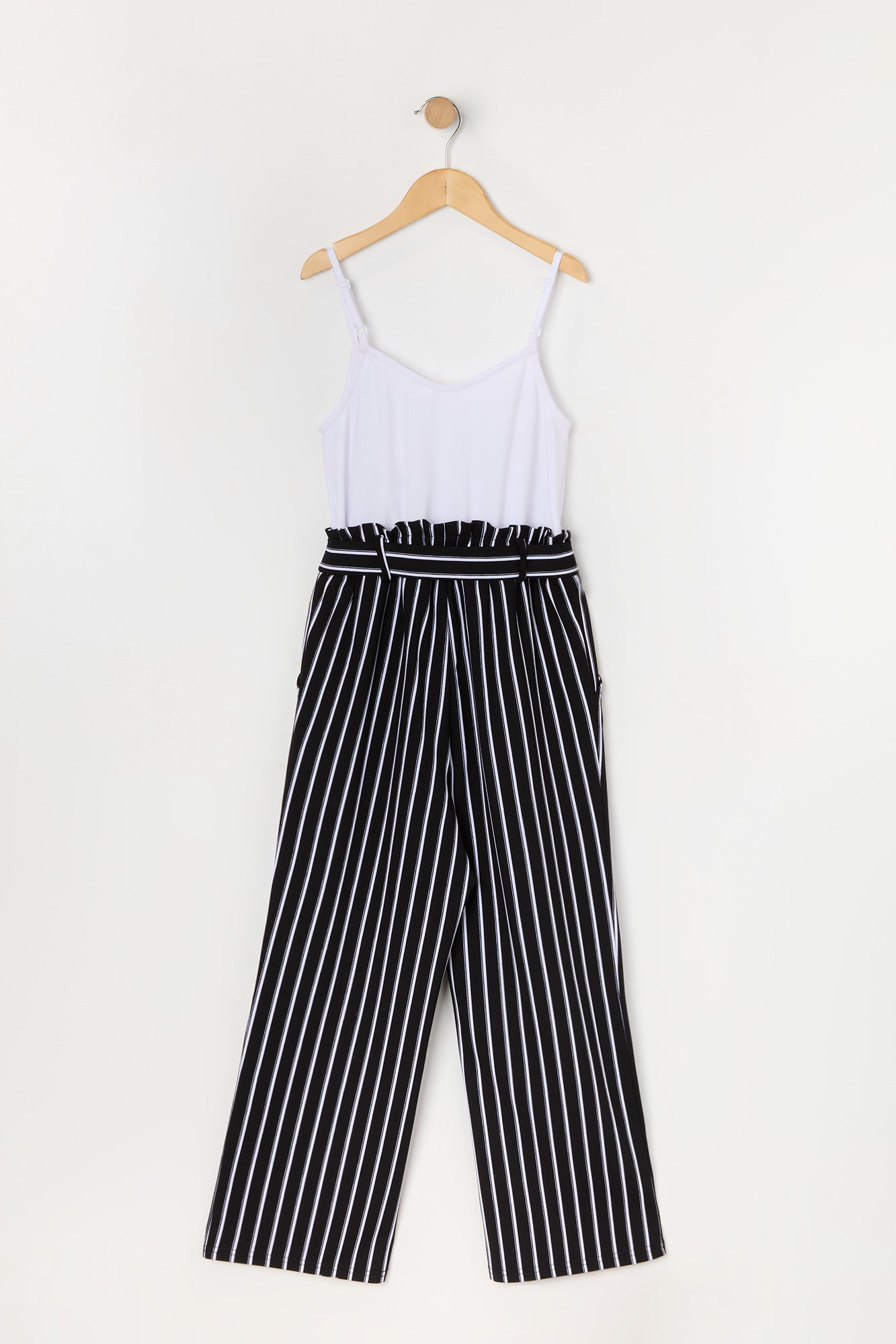 Girls Pinstriped Belted Jumpsuit