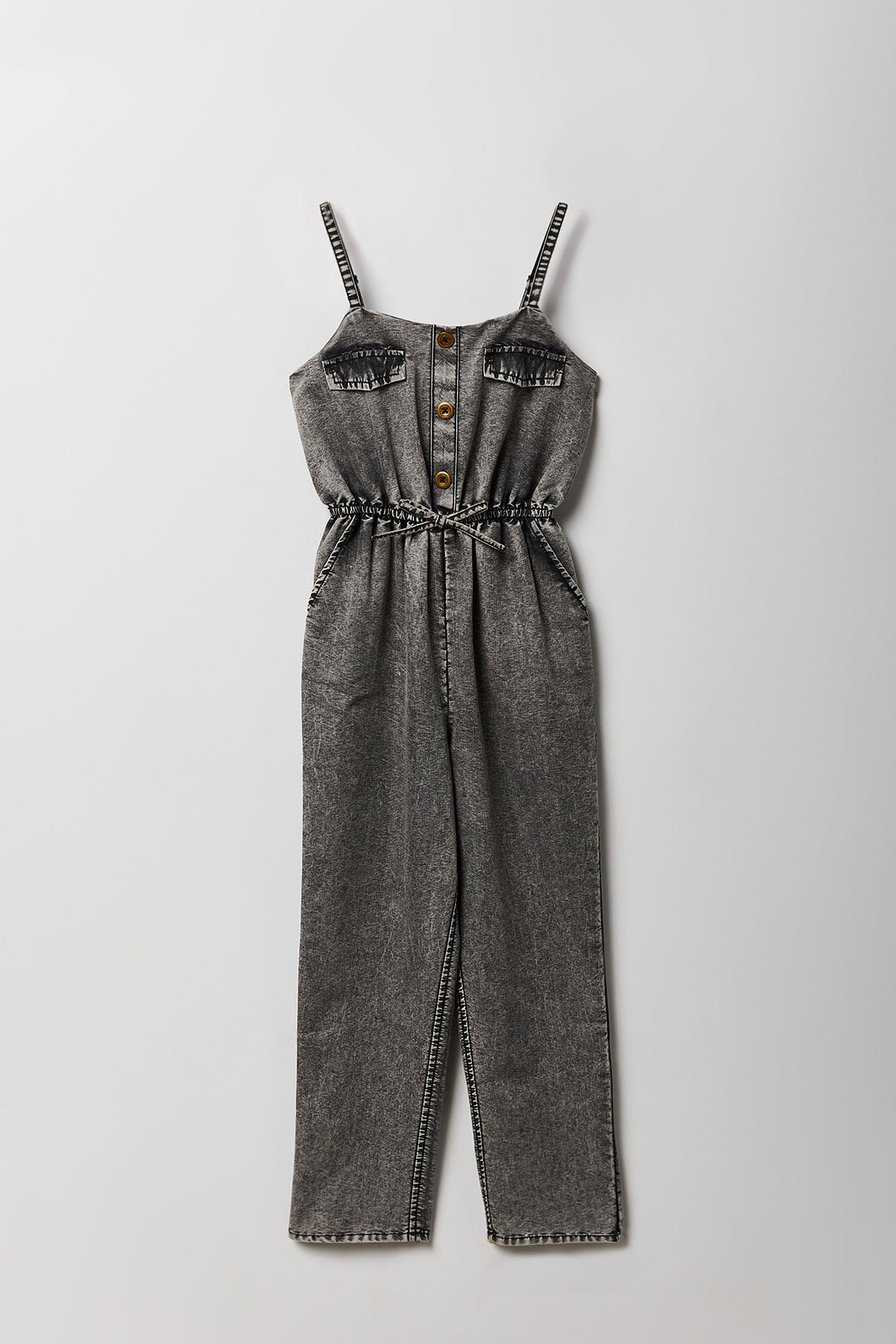 Girls Chambray Button Front Jumpsuit - Dark Grey