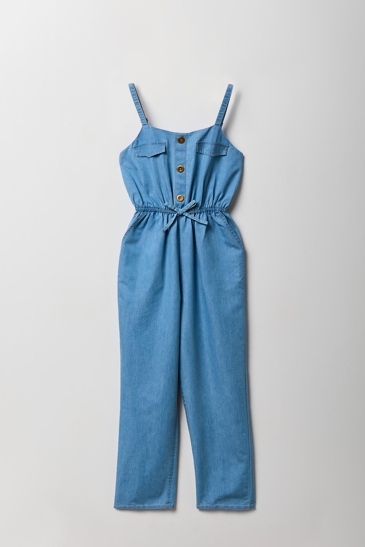 Girls Chambray Button Front Jumpsuit - Light Denim Blue