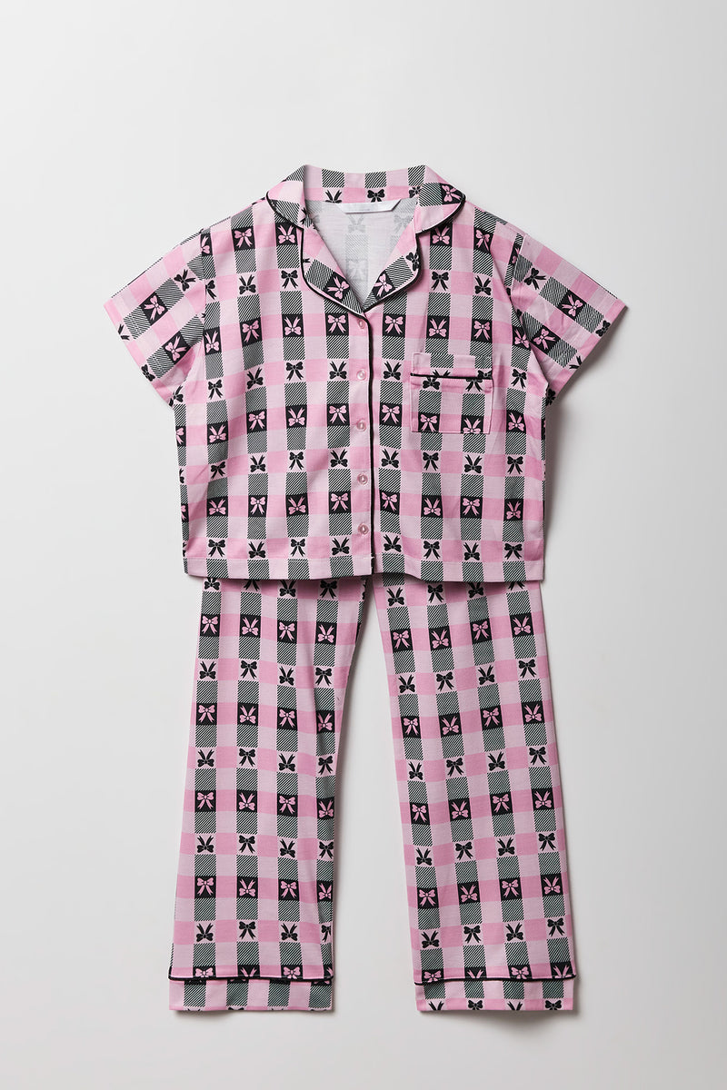 Girls Printed Button-Up Top & Pant Pajama Set