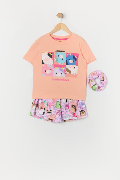 Ensemble trois-pièces avec t-shirt, short et chou-chou Moody Squishmallows pour fille