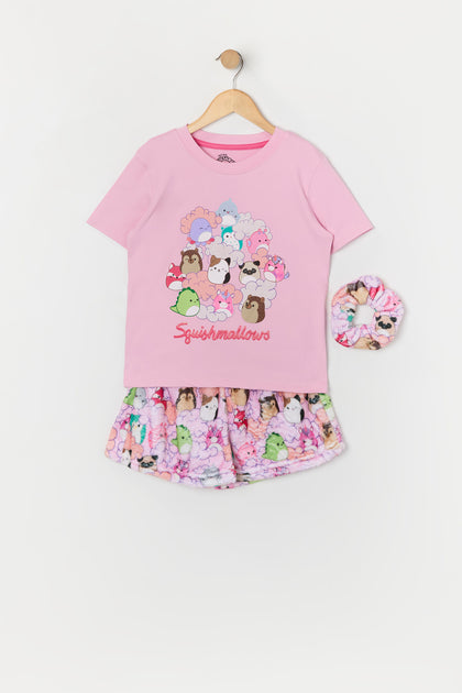 Girls Pink Squishmallows T-Shirt Short and Scrunchie 3 Piece Set