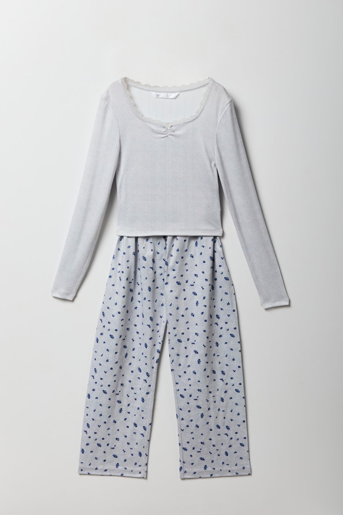 Girls Pointelle Long Sleeve Top & Pant Pajama Set - Heather Grey
