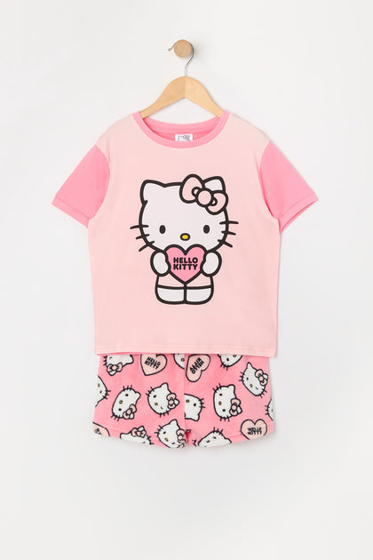 Ensemble pyjama avec t-shirt rose et short à imprimé Hello Kitty pour fille