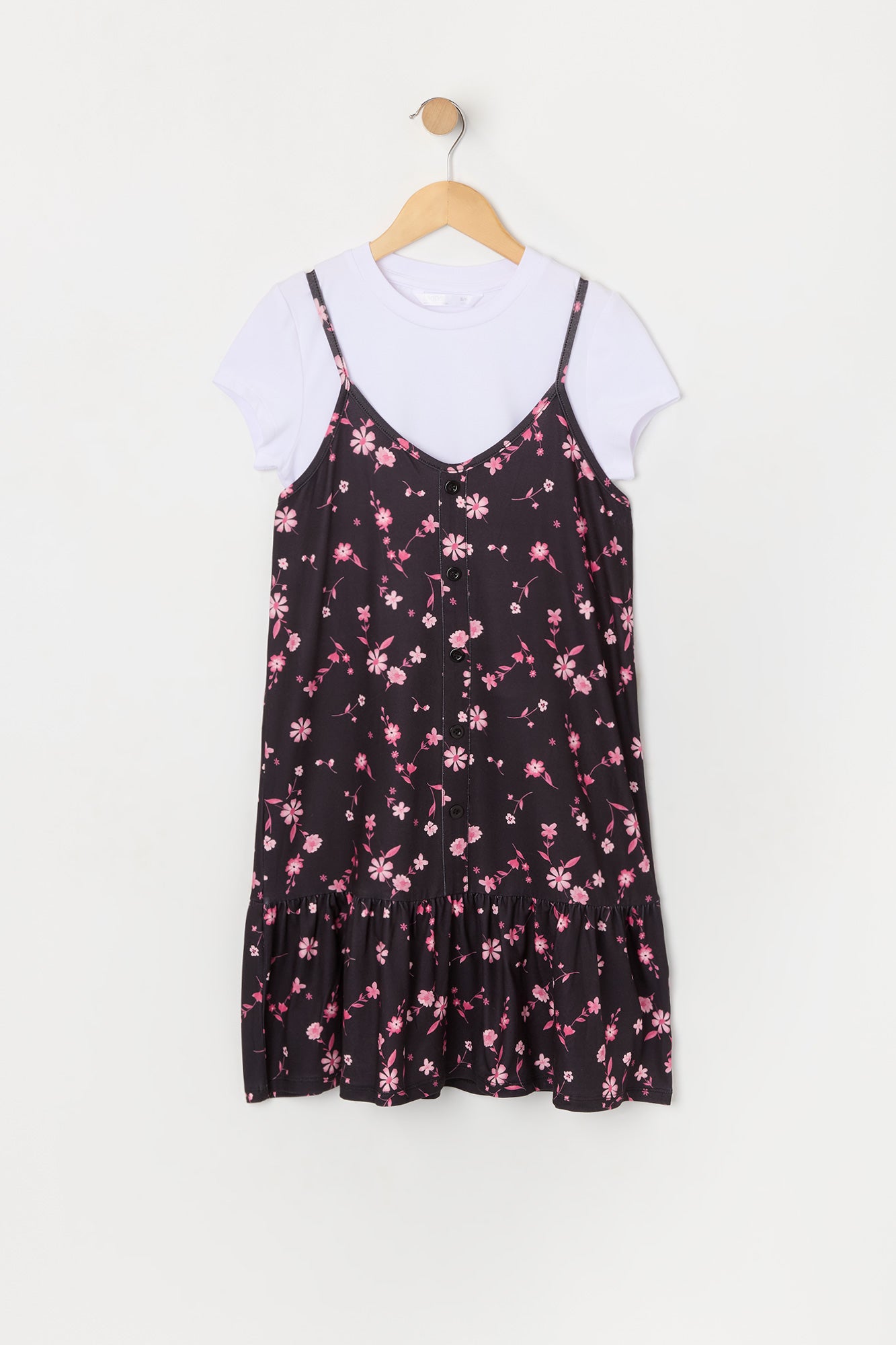 Girls Black Floral T-Shirt Dress Set