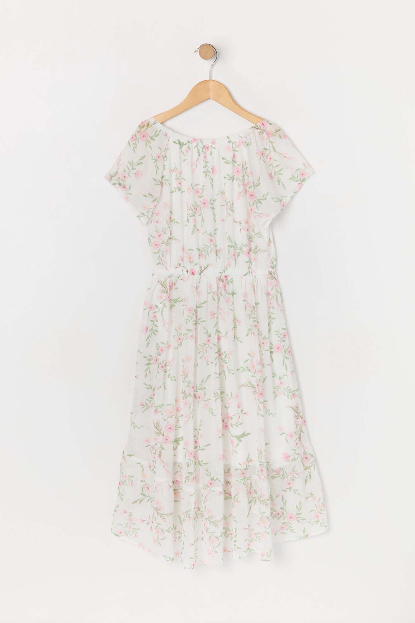 Girls Chiffon Floral Print Off Shoulder High-Low Dress