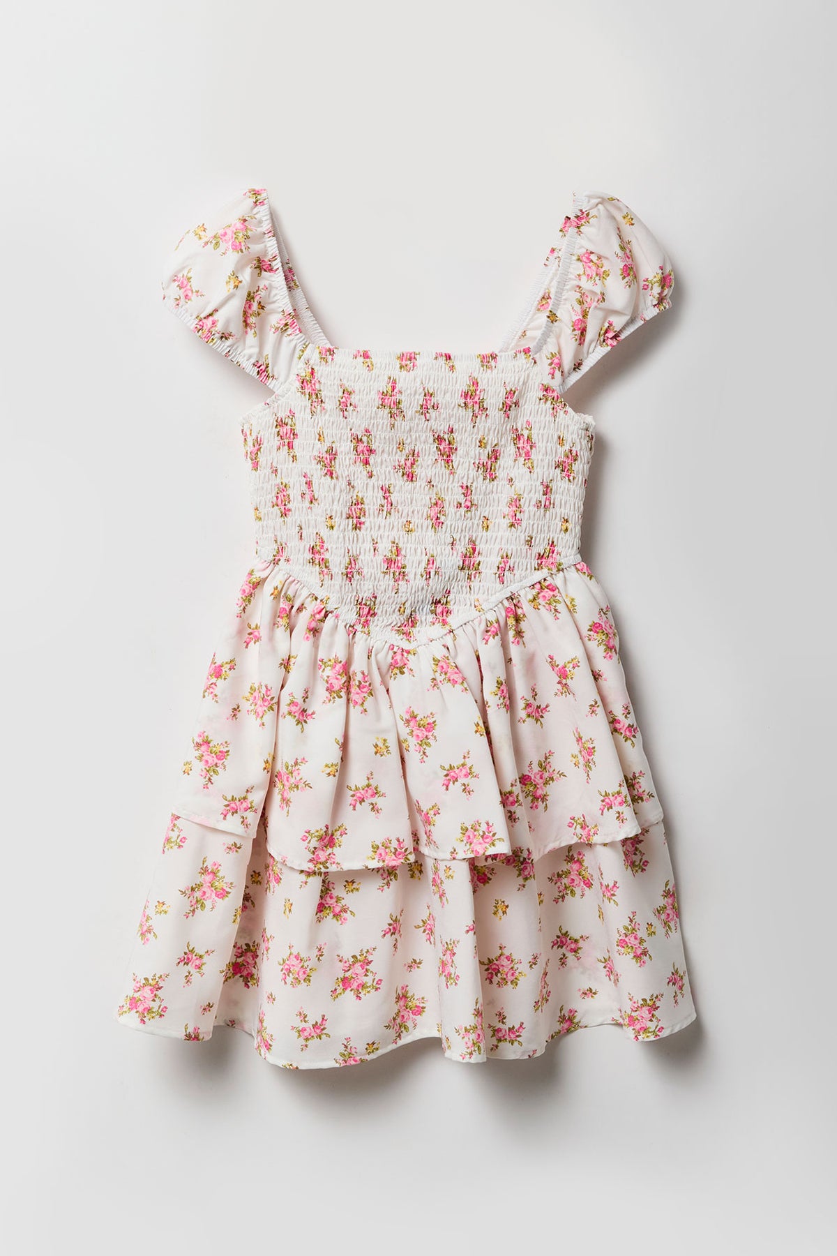 Girls Floral Smocked Tiered Dress - White