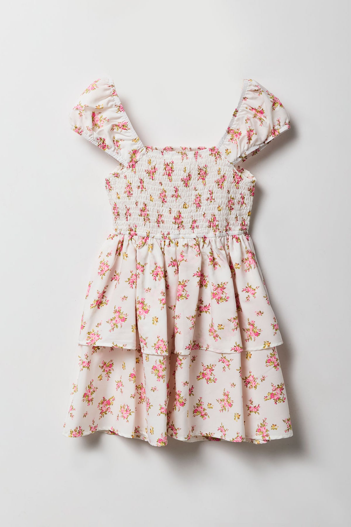 Alt View 2. Girls Floral Smocked Tiered Dress - White