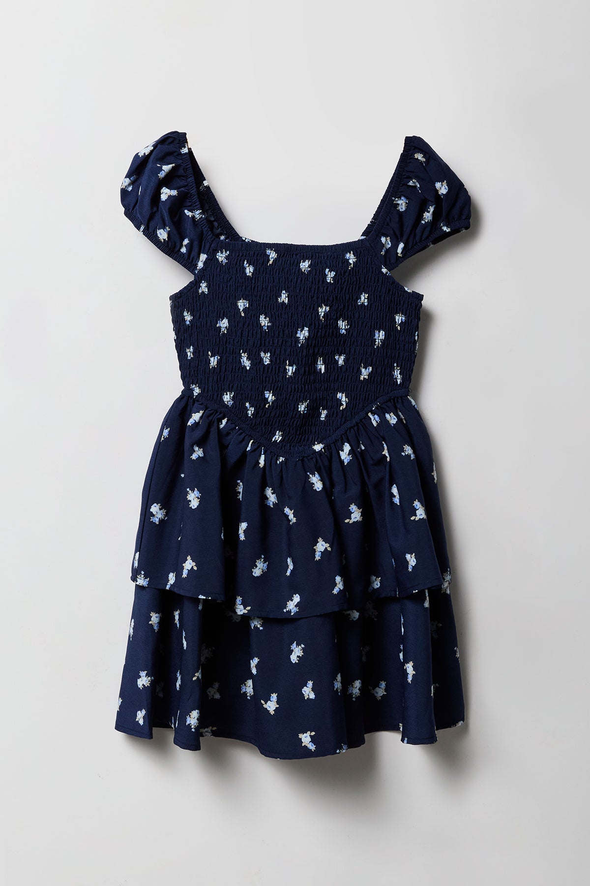 Girls Floral Smocked Tiered Dress - Royal Blue