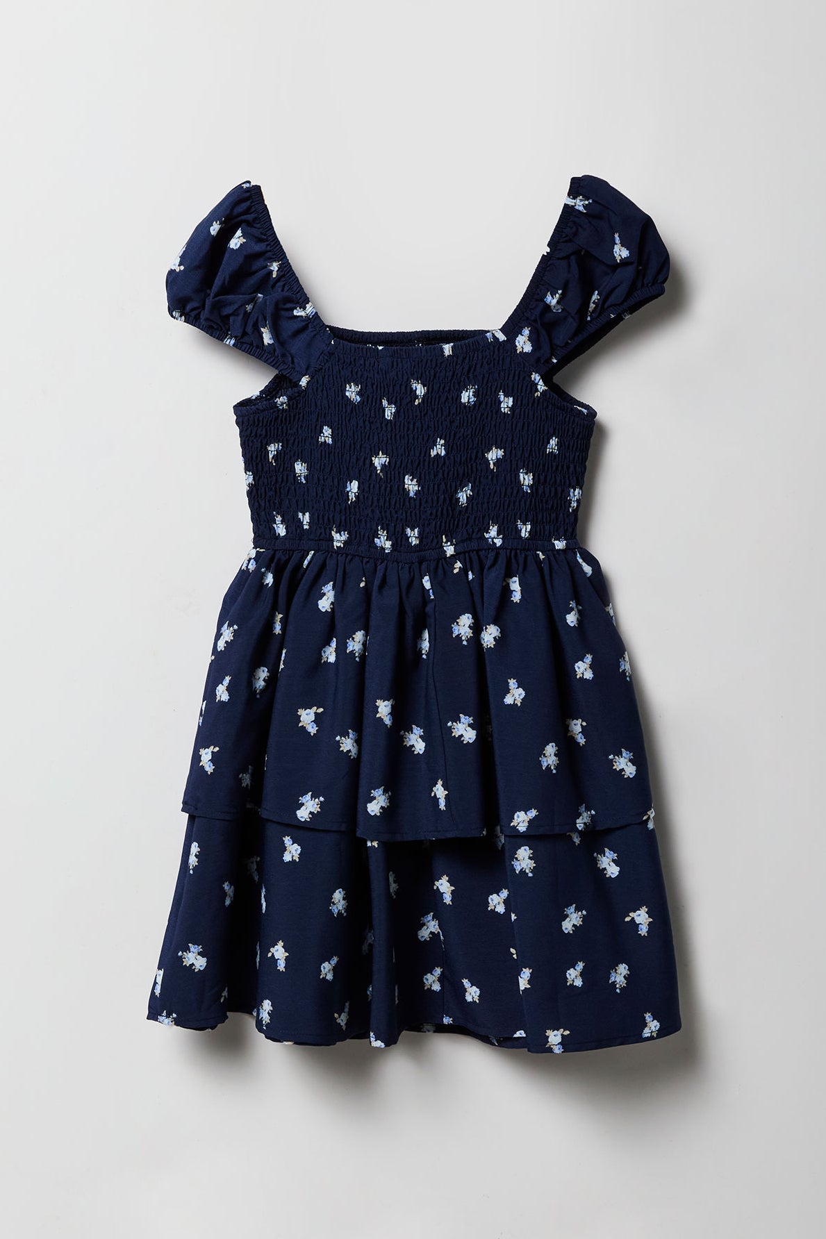Alt View 2. Girls Floral Smocked Tiered Dress - Royal Blue