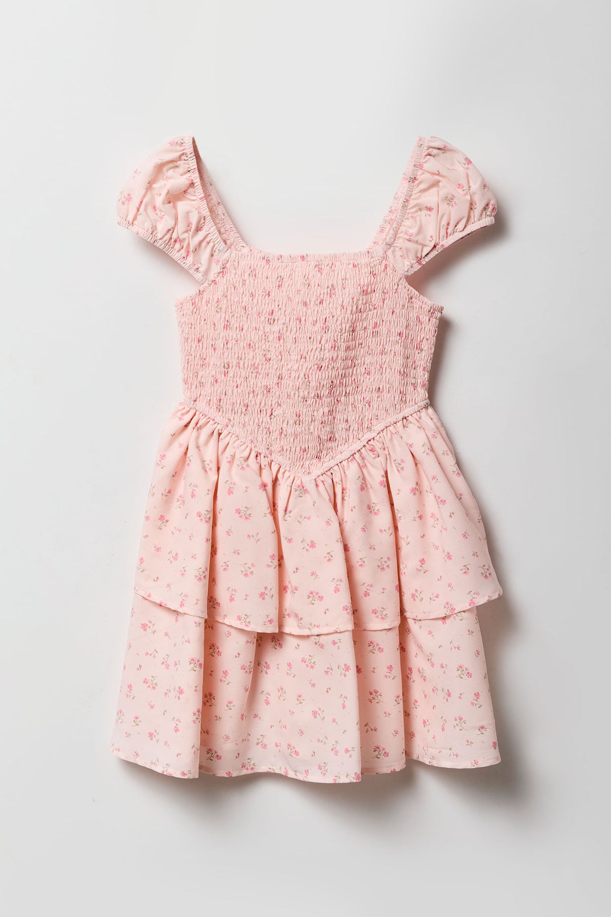 Girls Floral Smocked Tiered Dress - Rose