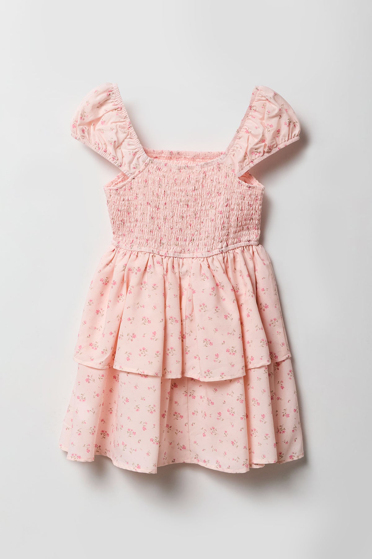 Alt View 2. Girls Floral Smocked Tiered Dress - Rose