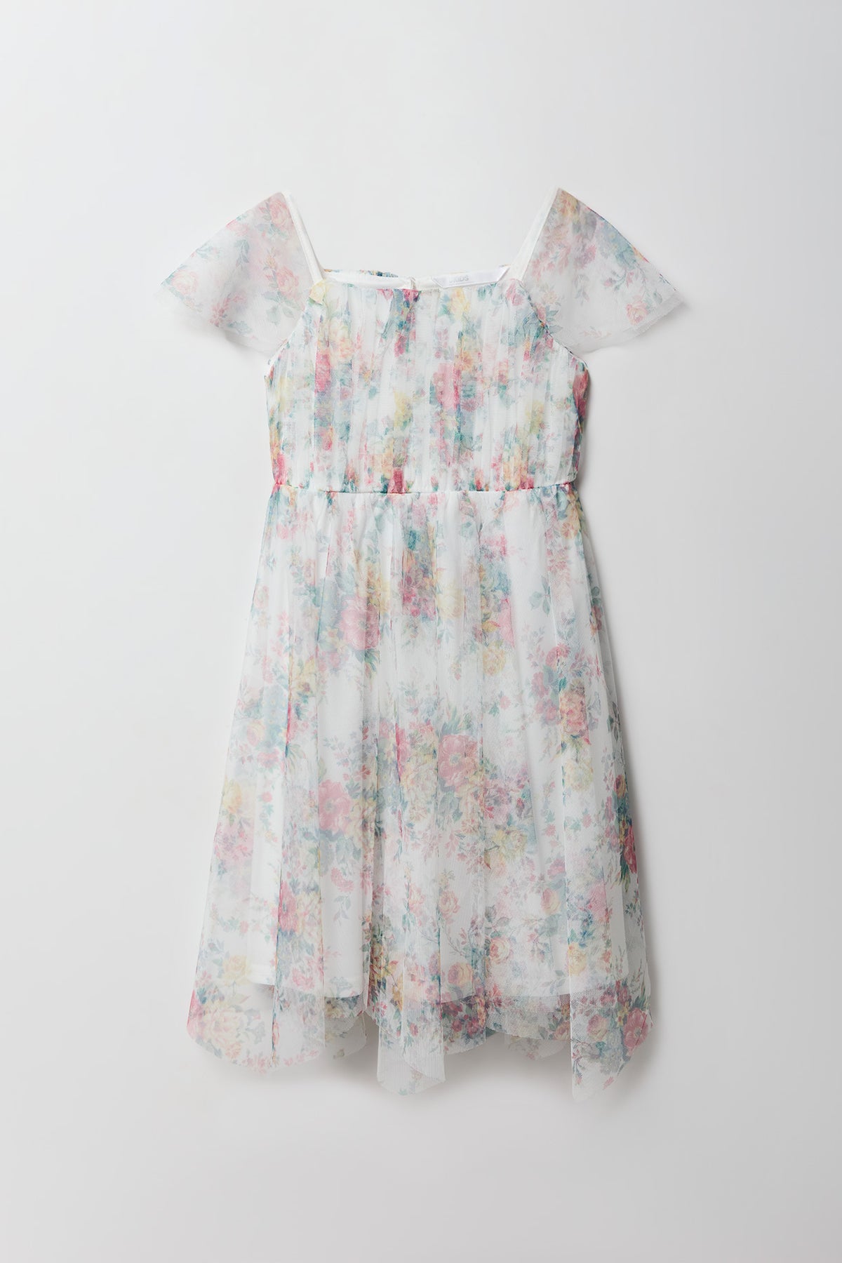 Girls Tulle Ruffle Sleeve Dress - White