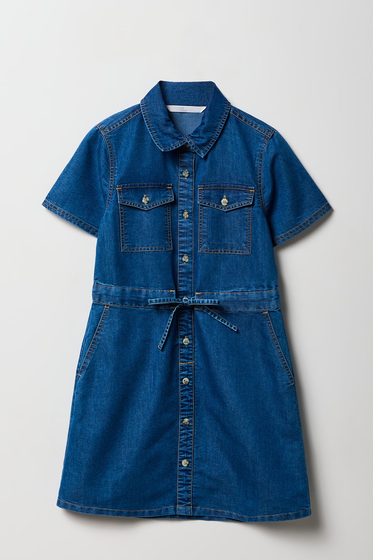 Girls Chambray Button Front Dress - Medium Blue