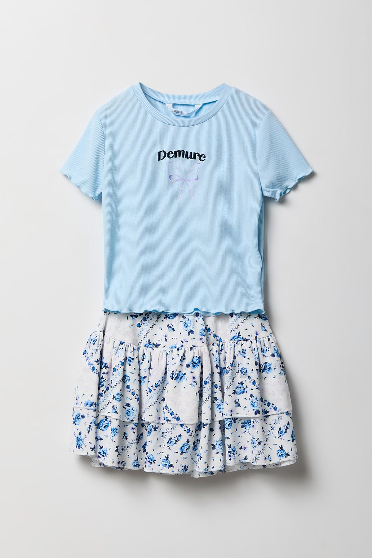 Girls Graphic T-Shirt & Tiered Skort Set - Light Blue