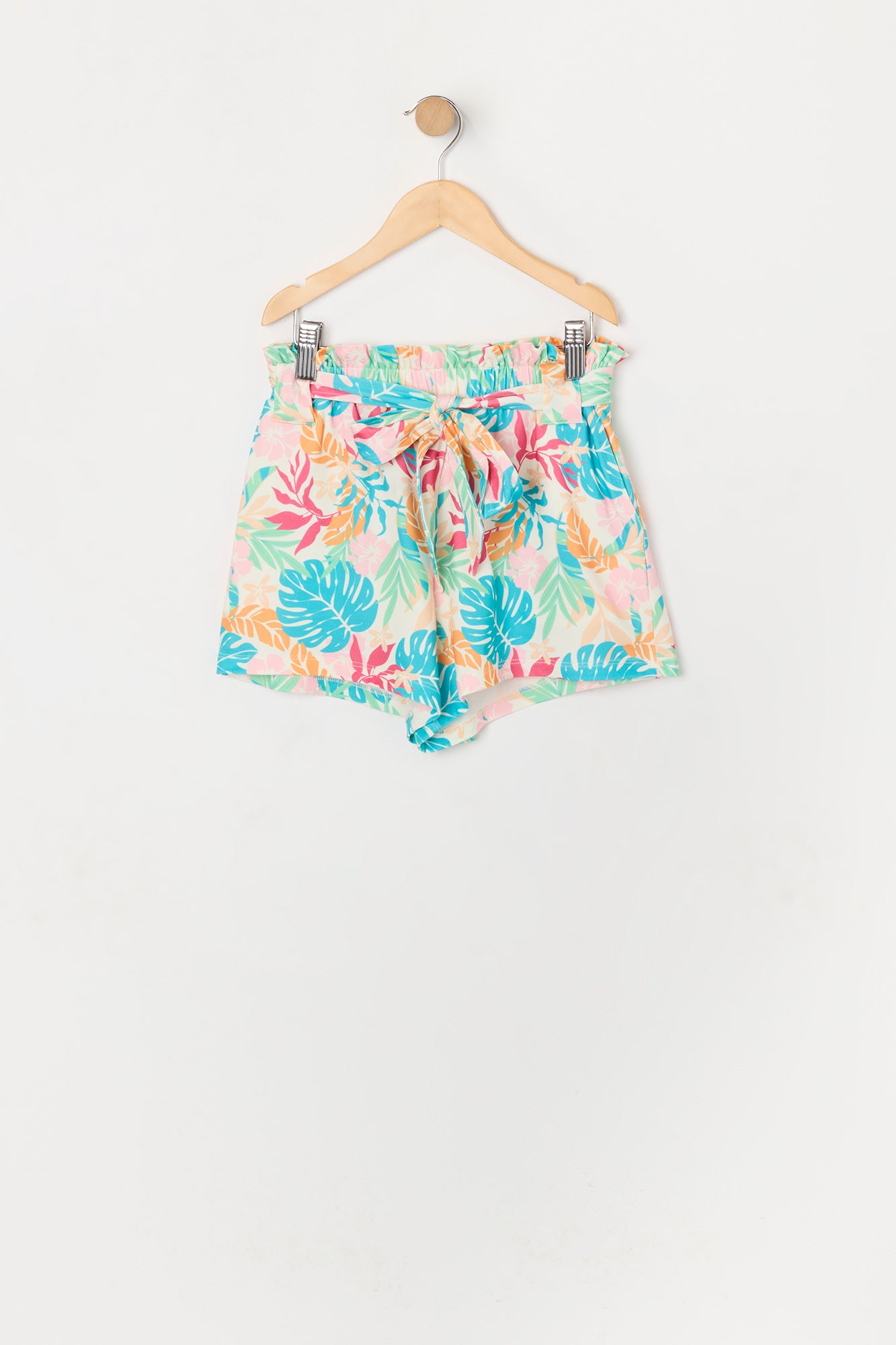 Girls Tropical Print Off Shoulder Top and Paperbag Short Set