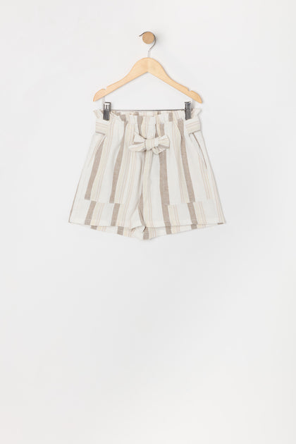 Girls Striped Linen Paperbag Short