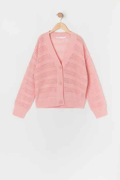 Girls Pink Open Knit Cardigan