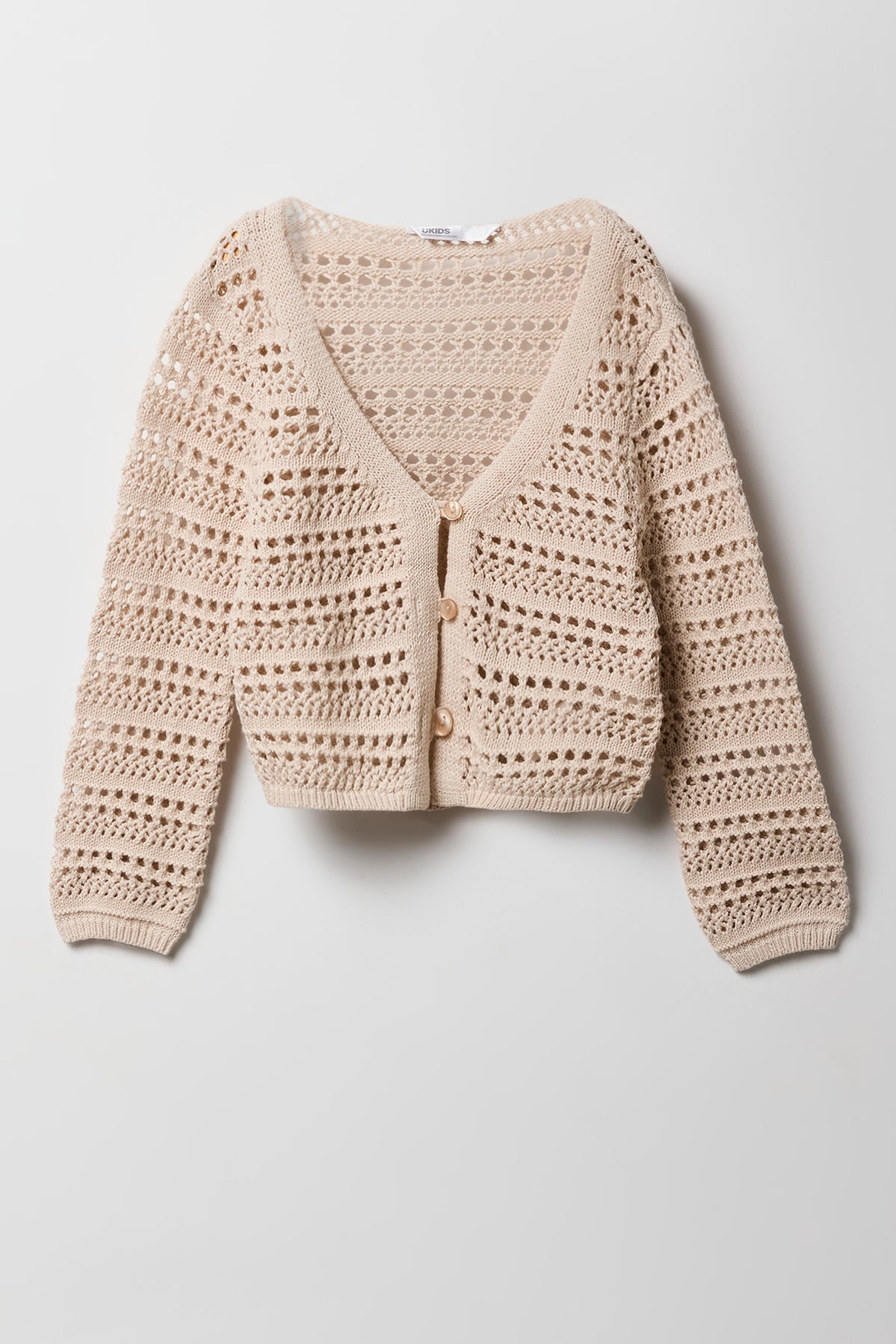 Girls Crochet Button-Up Cardigan - Oatmeal