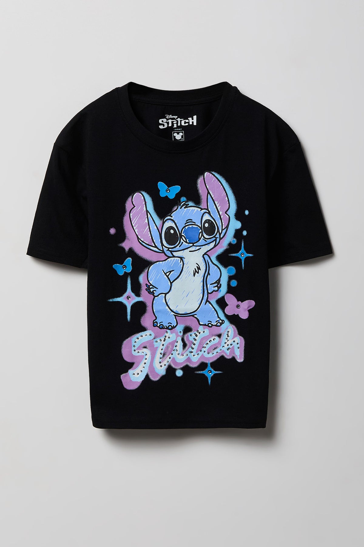 Girls Stitch Graphic Rhinestone T-Shirt - Black