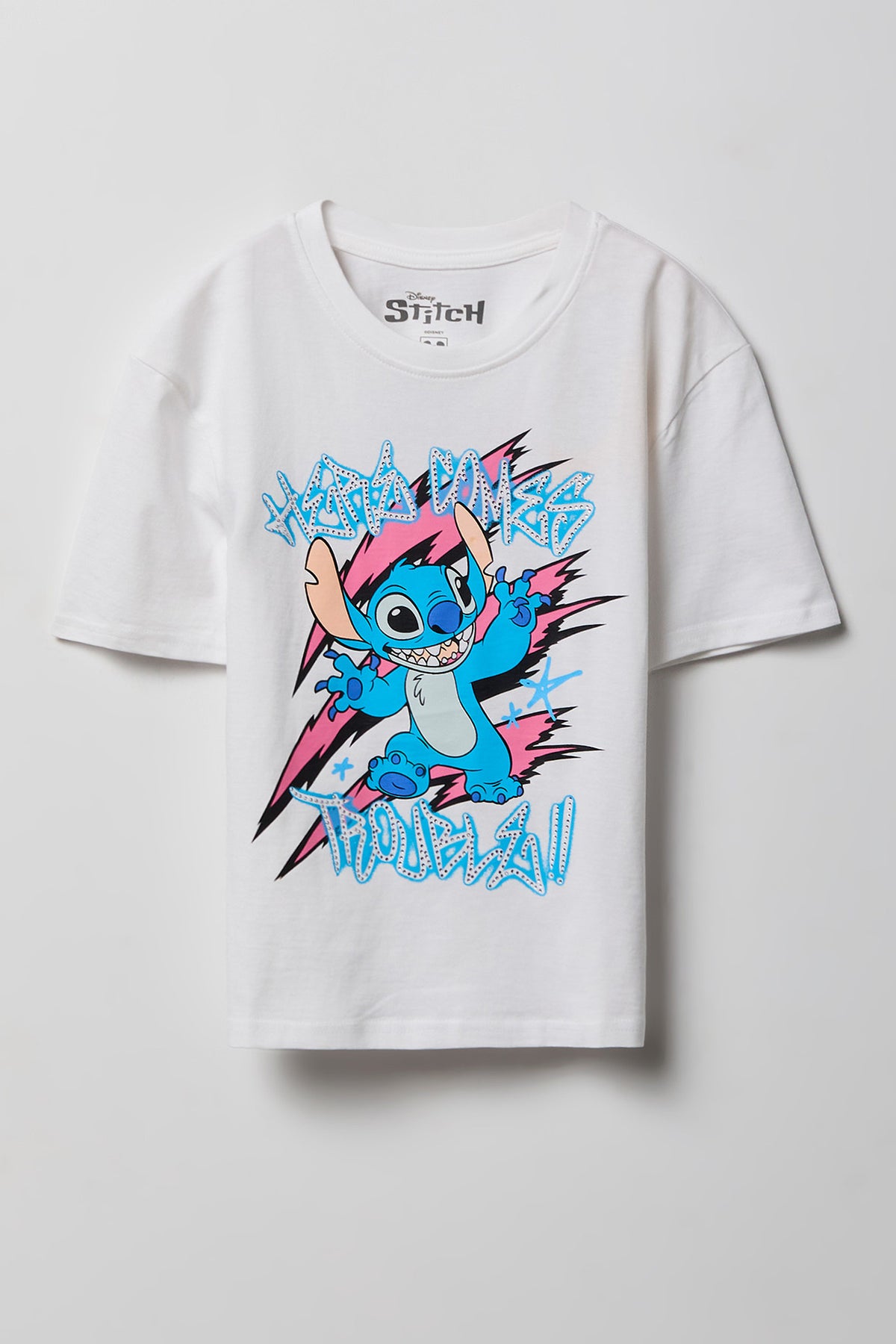 Girls Stitch Graphic Rhinestone T-Shirt - White