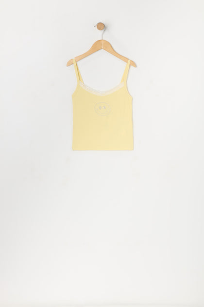 T-shirt à imprimé Smiley avec pierres du Rhin et liséré de dentelle pour fille