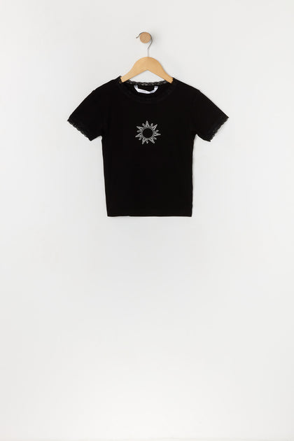 T-shirt à imprimé Soleil avec pierres du Rhin et liséré de tenelle pour fille