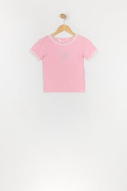 T-shirt à imprimé Papillon avec pierres du Rhin et liséré de tenelle pour fille