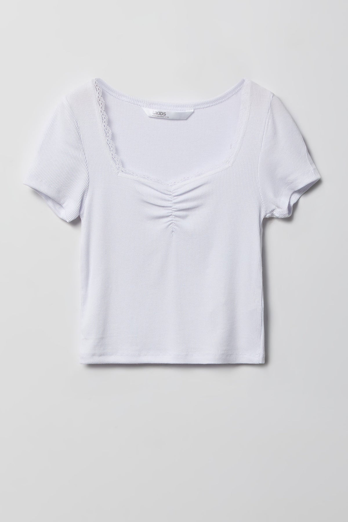 Girls Ribbed Lace Trim T-Shirt - White