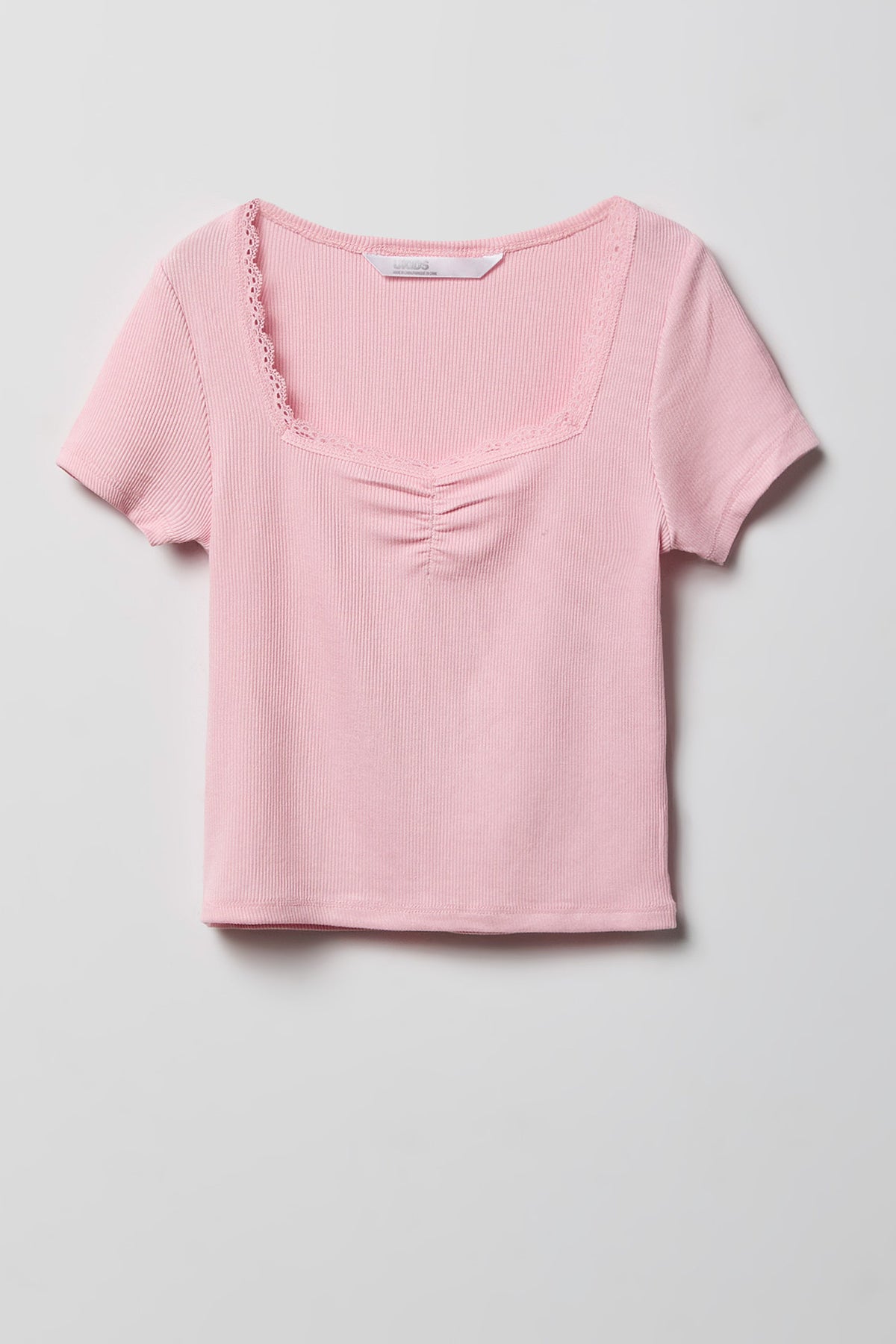 Girls Ribbed Lace Trim T-Shirt - Pink