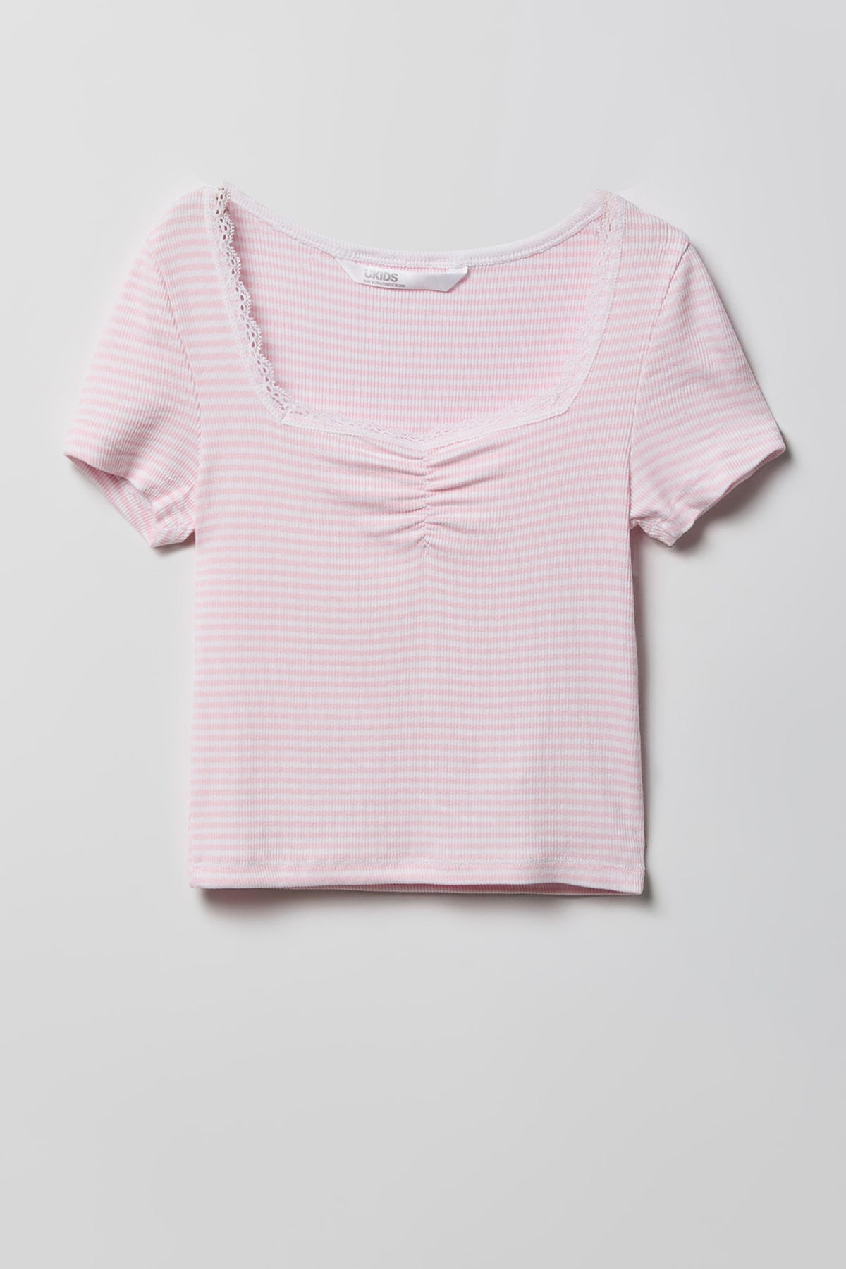 Girls Striped Ribbed Lace Trim T-Shirt - Pink