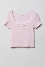 Girls Striped Ribbed Lace Trim T-Shirt