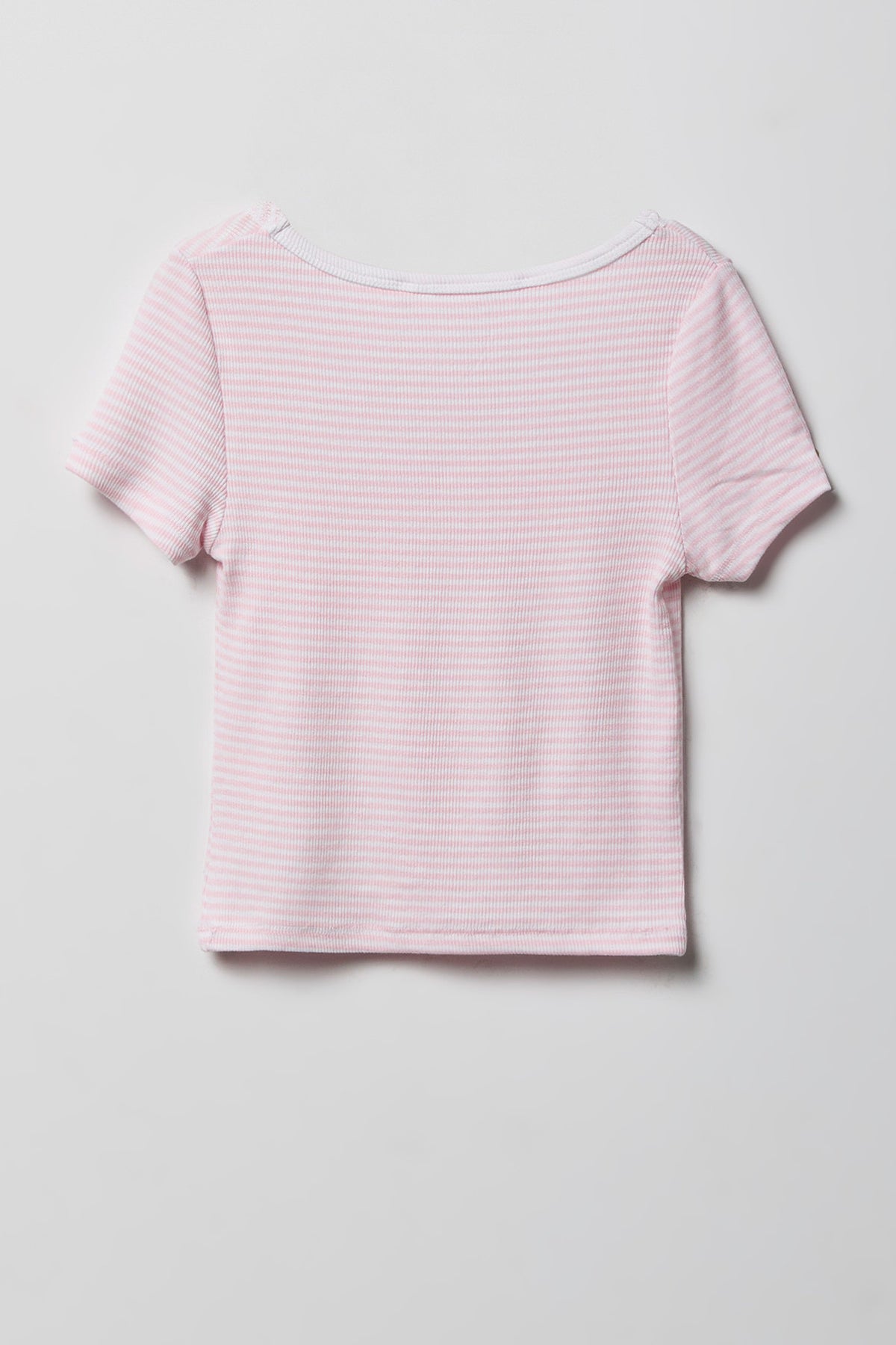 Alt View 2. Girls Striped Ribbed Lace Trim T-Shirt - Pink