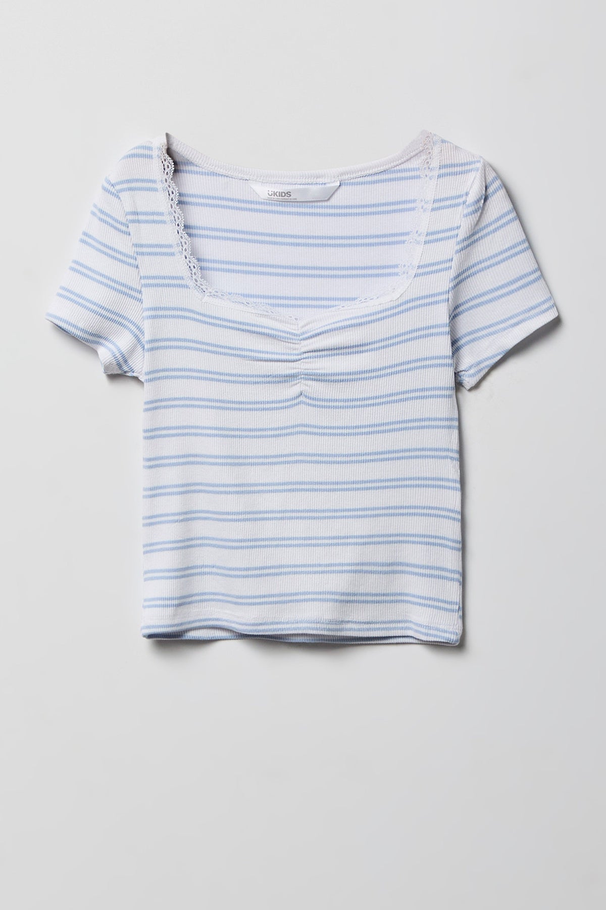 T-shirt côtelé rayé avec ourlet de dentelle pour fille