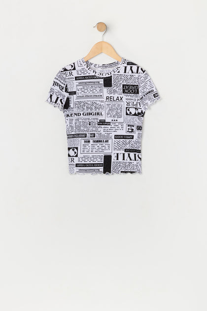 T-shirt ultracourt à imprimé Papier journal avec ourlet volanté pour fille