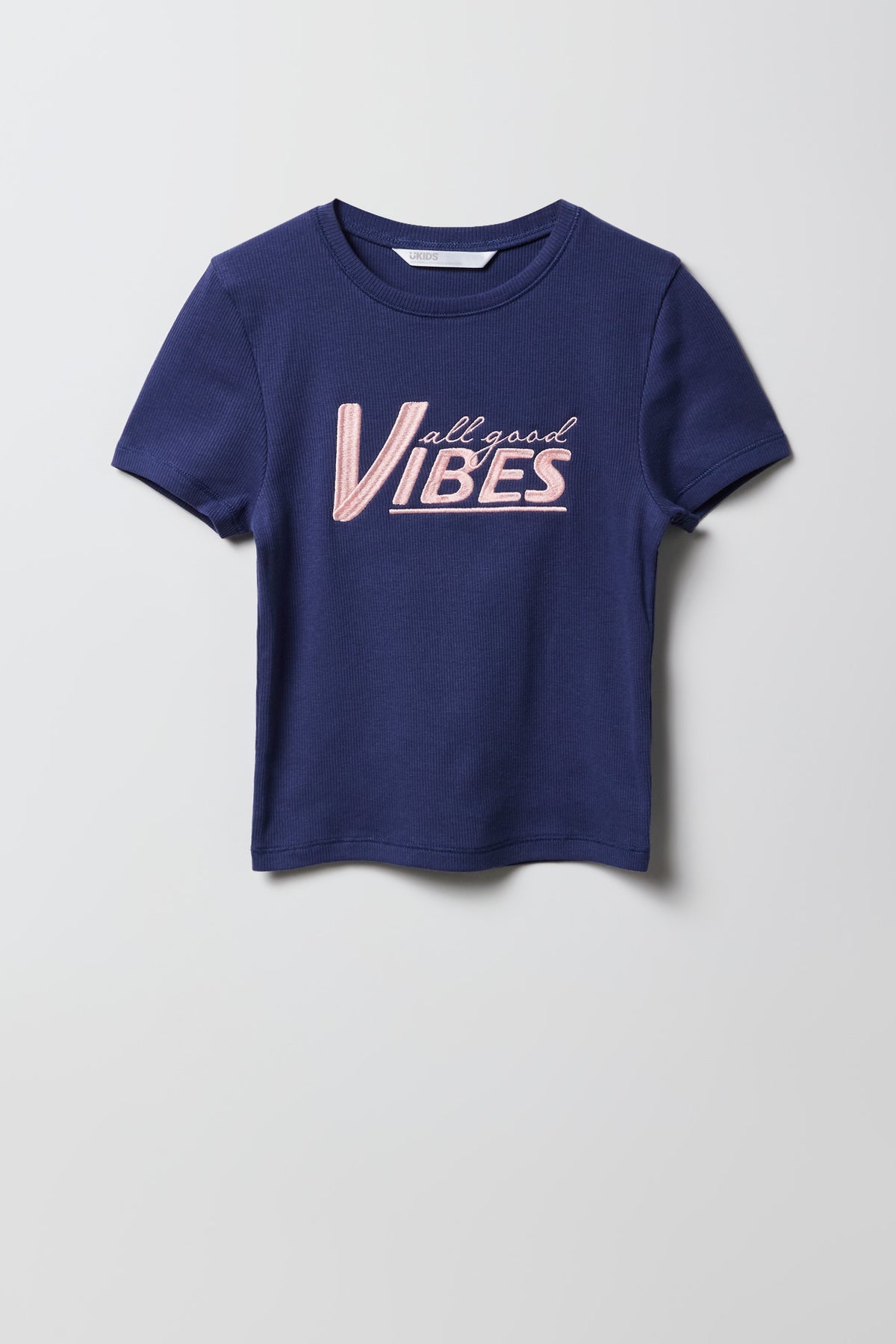 Girls Ribbed Embroidered T-Shirt - Navy