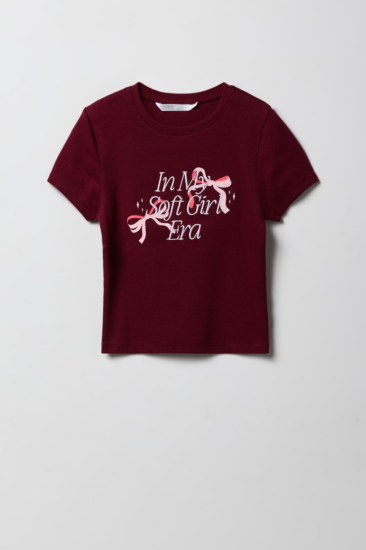 Girls Ribbed Embroidered T-Shirt - Burgundy