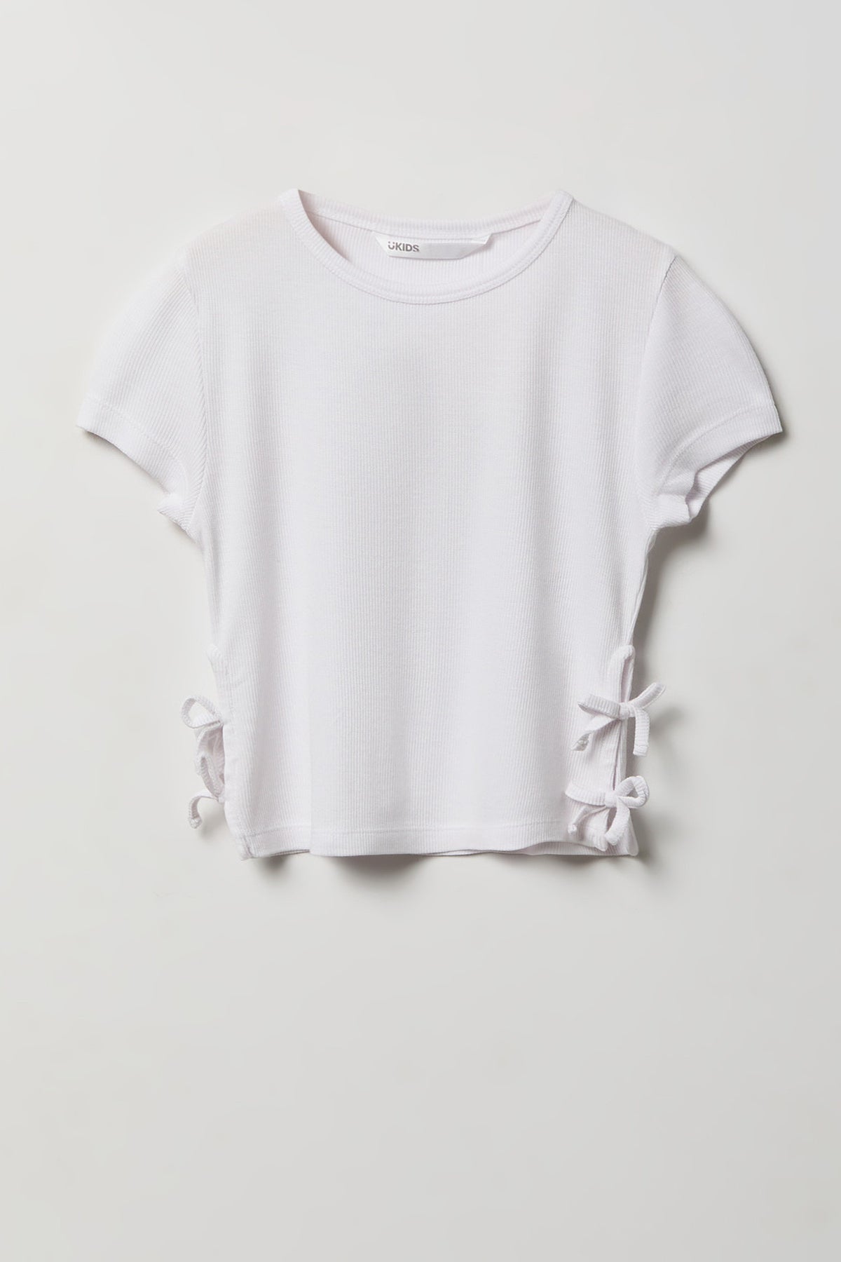 Girls Ribbed Side Bow T-Shirt - White