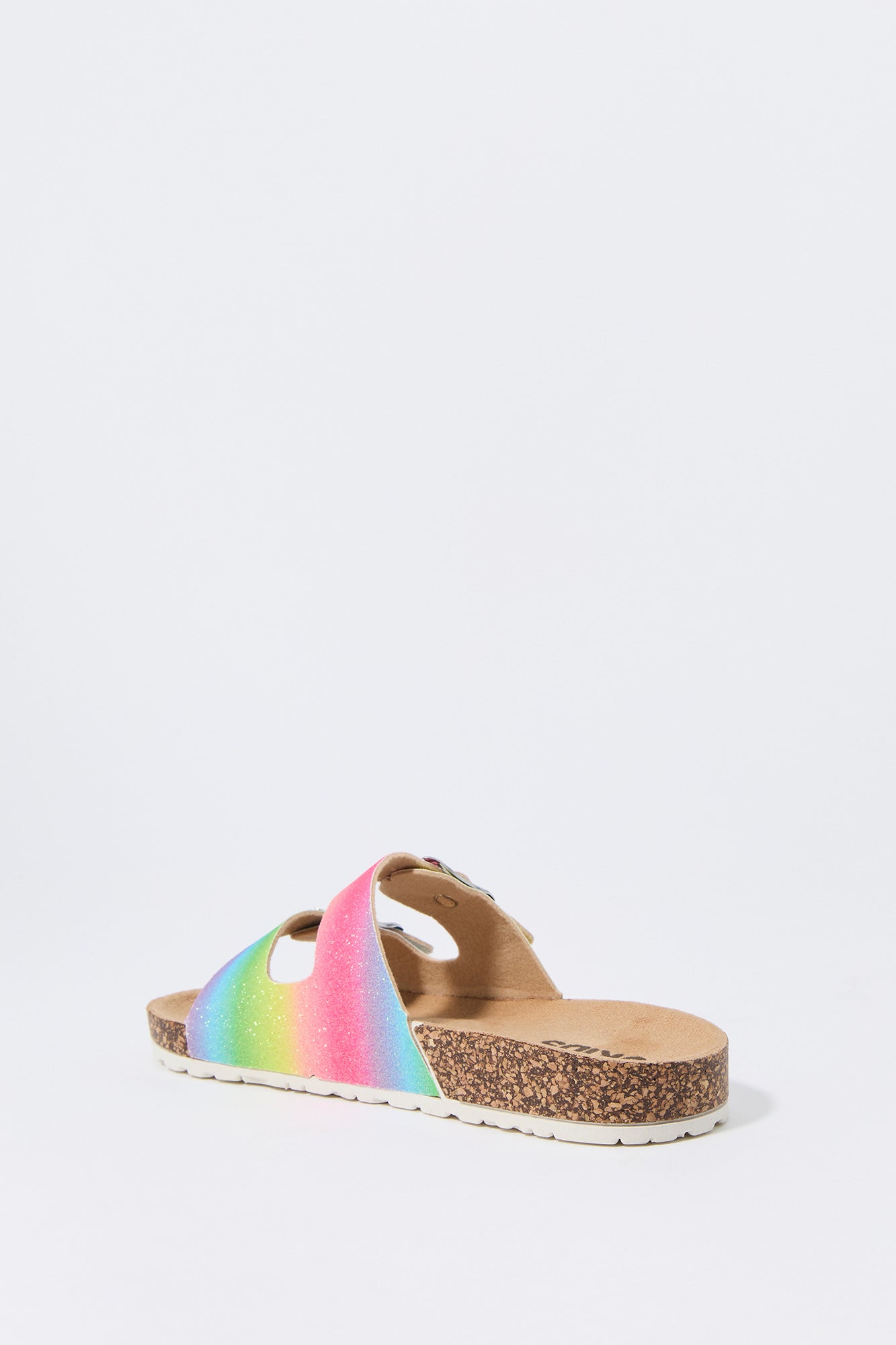 Girls Sparkle Rainbow Print Buckled Cork Sandal
