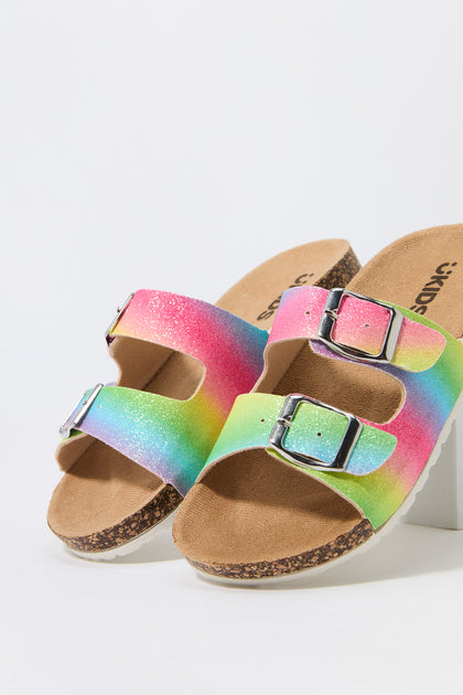 Girls Sparkle Rainbow Print Buckled Cork Sandal
