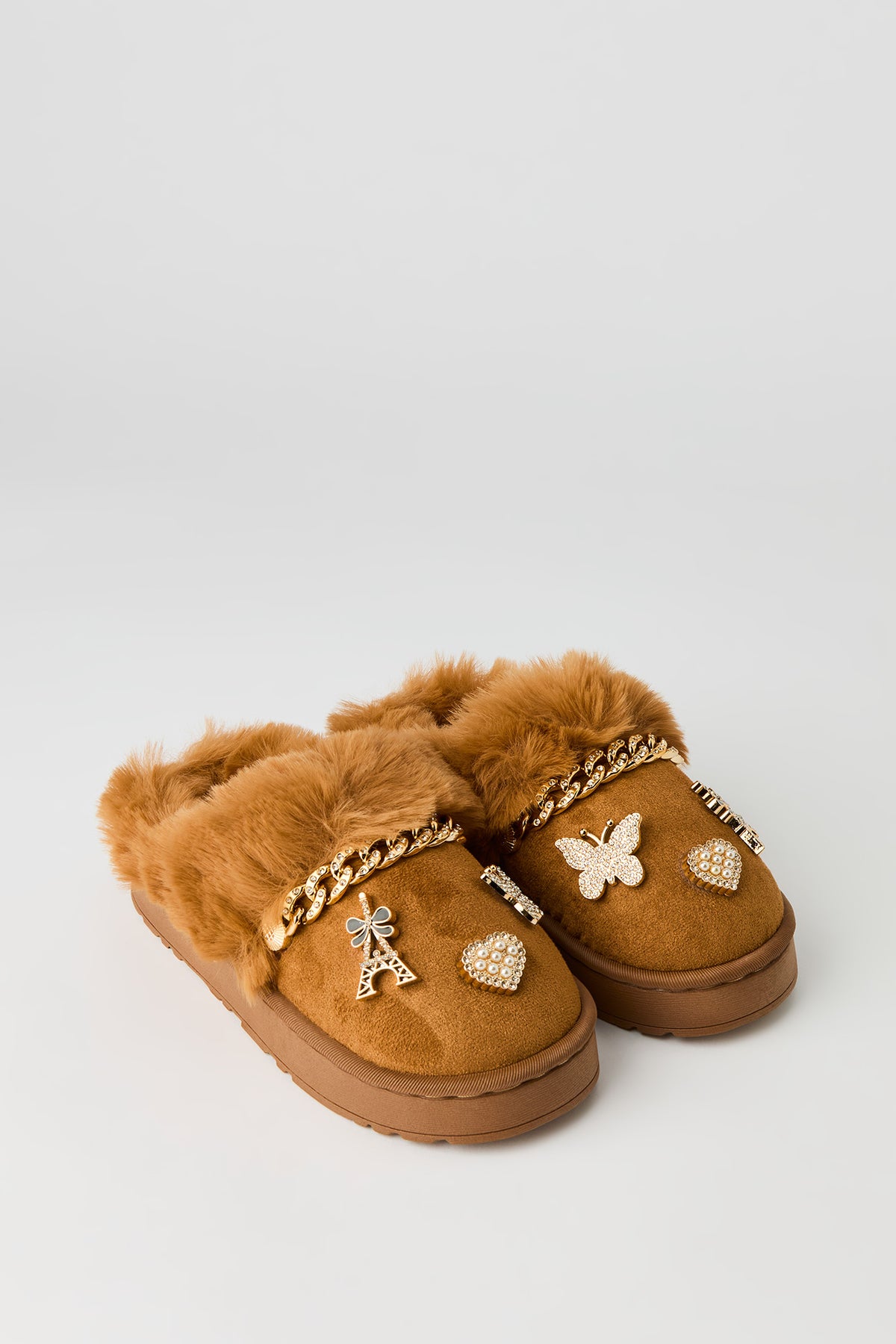 Faux Fur Trim Charm Slipper Booties - Tan